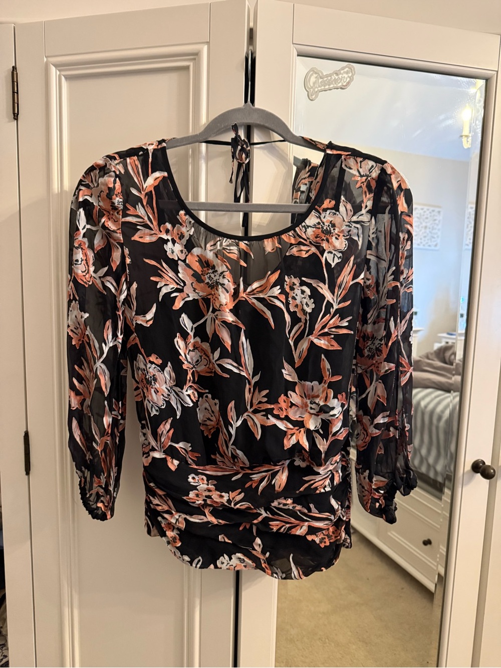 White House Black Market Black Floral Sheer Blouse with Peach and Cream Accents